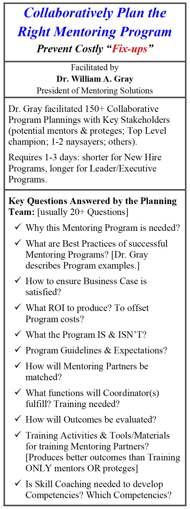 Collaboratively Planning the Right Mentoring Program prevents Costly “Fix-ups”
